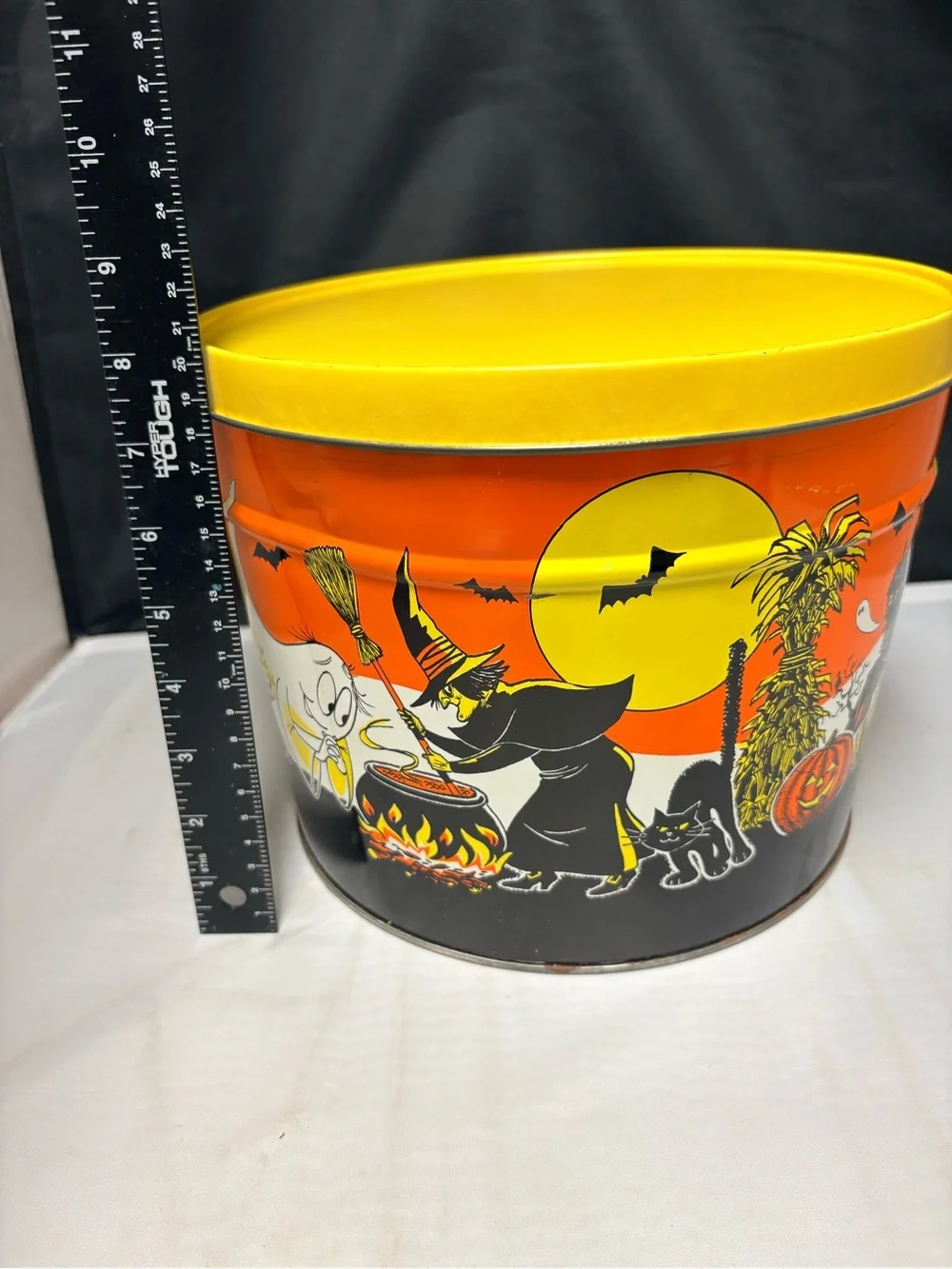 VTG Halloween Metal Tin Storage Litho Bucket Witch Ghost Skeleton Creepy Cool